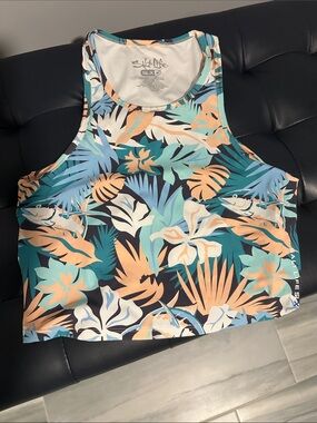 Salt Life Tropical Print Crop Tank Top - Teal, Peach & Navy